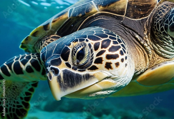 Fototapeta Closeup of a sea turtles ancient eyes, their unwavering gaze revealing a resilience and adaptability that has allowed them to thrive for millions of years