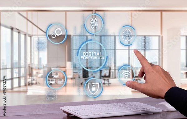 Fototapeta Digital transformation, businessman teaches the concept of digitization of business processes and modern technology.