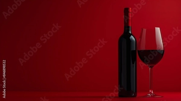 Fototapeta Bottle and glass of red wine on a red background Copy space : Generative AI