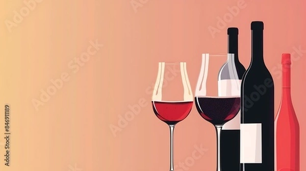 Fototapeta Wine abstract minimal flat design Glass of red and white sparkling wine champagne Wine bottles Restaurant menu invitation for an event festival party Wine tasting concept in red pink o : Generative AI