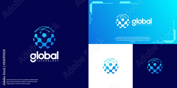 Fototapeta Global technology solution, network connection, with globe concept, logo design template.