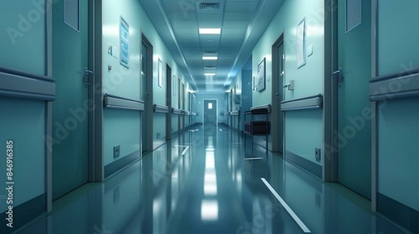 Fototapeta 
Surgery Corridor A focused perspective of a hospital hallway leading to the surgery and emergency rooms, reflecting the urgency and precision of medical care


