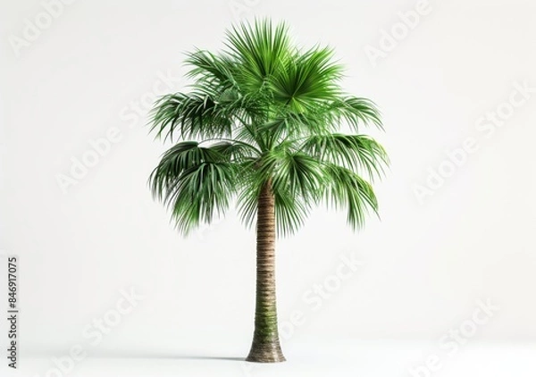 Fototapeta Tall Palm Tree with Lush Green Fronds and Slender Trunk, Isolated on White Background, Perfect for Tropical, Botanical, and Nature Themes, Ideal for Exotic and Scenic Designs