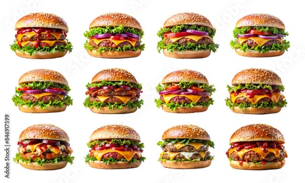 Fototapeta Collage of delicious burgers. Isolated on transparent background. Delicious but unhealthy food.