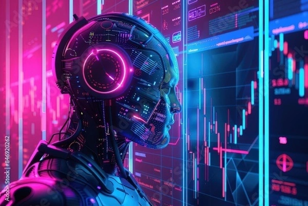 Fototapeta Graphic of illustration of an AI forecasting market trends, accented by neon lights and abstract hitech