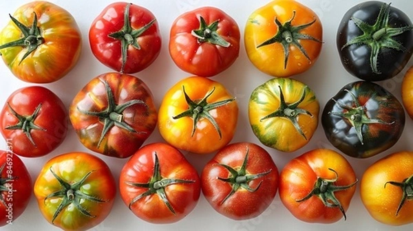 Obraz Studio shot of a group of colorful heirloom tomatoes on a white background, arranged in a visually appealing pattern to emphasize the freshness and organic nature of the produce