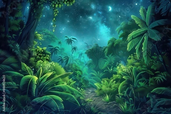 Fototapeta lush green jungle landscape with glowing night sky fantasy digital art illustration