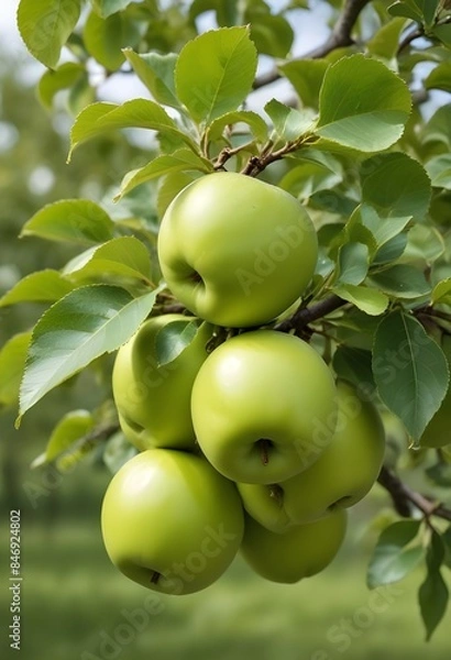 Fototapeta Green apples on a tree