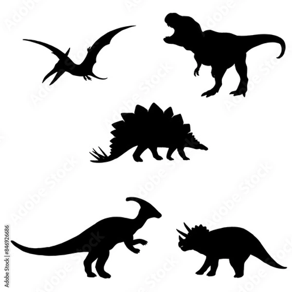 Obraz Silhouettes of Dinosaurs in Various Poses, Prehistoric Creatures, Dinosaur Silhouette Art