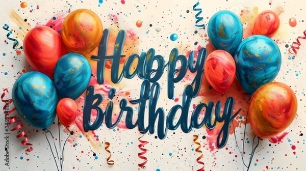 Fototapeta A colorful birthday banner with balloons and confetti