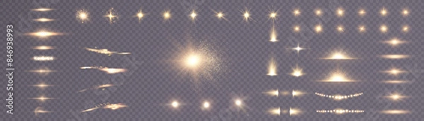 Fototapeta Set of lighting effects. Glowing isolated set of yellow transparent light effects, glare, explosion, sparkle, line, solar flare, spark and stars, curve. Sunlight, abstract special effect.