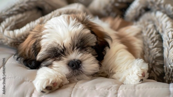 Obraz A cuddly Shih Tzu puppy curled up asleep on a cozy bed, isolated on a clean background 