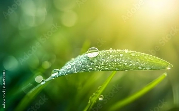 Fototapeta Water droplet on the edge of a green leaf in a closeup macro shot, with a nature background
