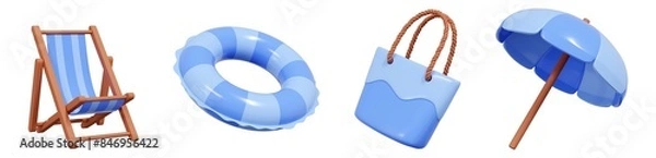 Obraz Summer sea beach vacation and swimming pool relax 3d render icons set. Summertime seashore trip and travel design elements - lounge chair and sunshade umbrella, inflatable ring and beach bag.