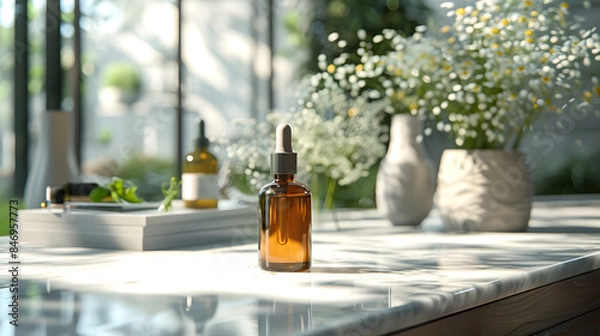 Fototapeta A dropper bottle sits on a marble table decorated with books. and a small white flower vase in an indoor background with natural light. There is a copy write area.
