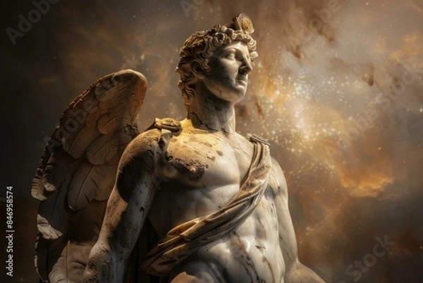 Fototapeta Beautifully sculpted angel statue against a cosmic sky, invoking a sense of awe and tranquility