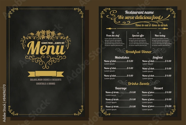 Obraz Menu restauracji żywności Vintage Design z tablicą w tle v