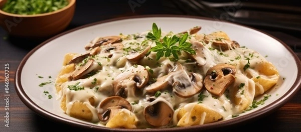 Fototapeta Close-up of delicious tortellini pasta with mushroom cream sauce and cheese, the perfect Italian food style dish. with copy space image. Place for adding text or design