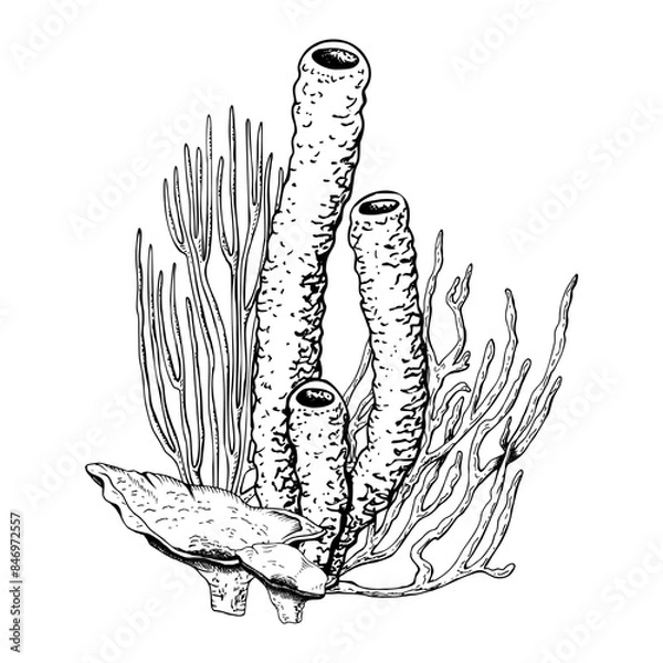 Fototapeta Coral reef underwater composition. Hand drawn vector illustration isolated on white background. Graphic black and white sketch style. For clip art cards package