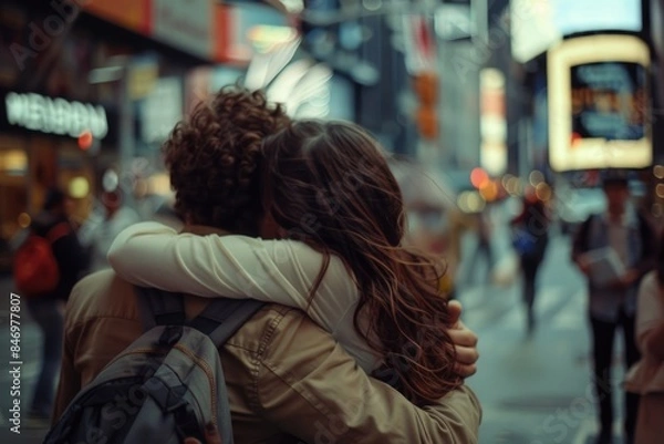Fototapeta A candid moment of affection between two individuals on a busy urban street