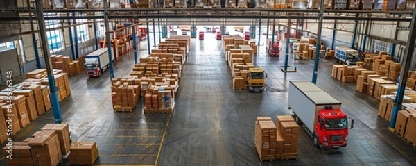 Fototapeta Spacious warehouse filled with cardboard boxes, delivery trucks parked outside,