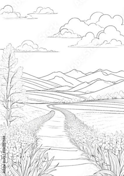 Obraz Field Day Harvest: Scenic Coloring Page of Farmland and Rolling Hills