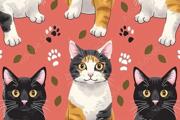 Fototapeta colorful cat background with cartoon cats and paw prints