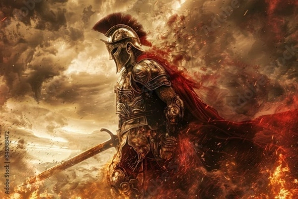 Obraz A digital painting of an imposing spartan warrior in full armor amidst a fiery battlefield