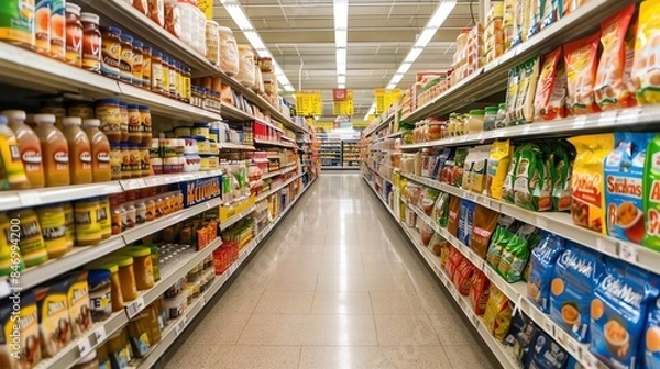 Fototapeta A busy grocery store aisle filled with processed foods, with certain items highlighted to show high sodium levels