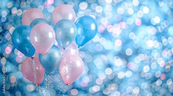 Fototapeta Colorful 3d balloons on blue bokeh background with confetti, sparkles, and celebratory lights