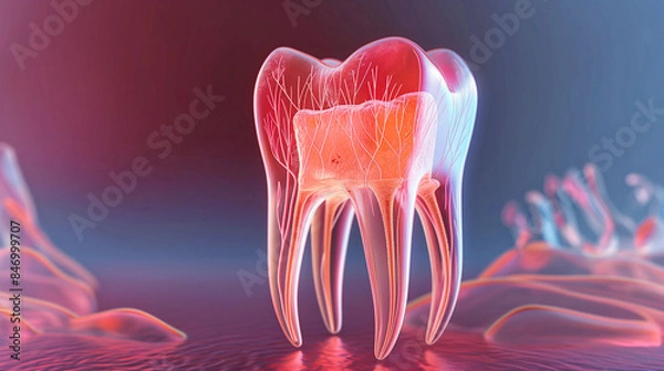 Fototapeta Abstract 3d red wireframe scan of tooths human  futuristic background diagnosis of the human teeths