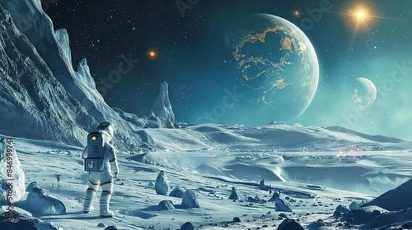 Fototapeta Astronaut standing on ice Explore new world the sky is full of stars