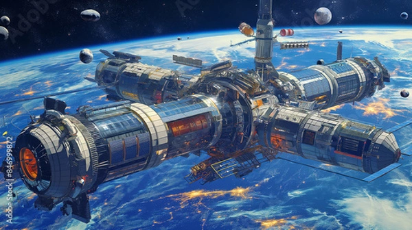 Fototapeta Spaceship floating outer space. There are asteroids all around