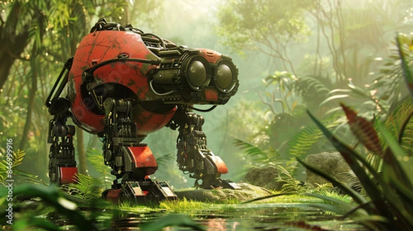 Fototapeta futuristic robotic animal with an orange exterior, robot stand in green foliage, blending technology with nature