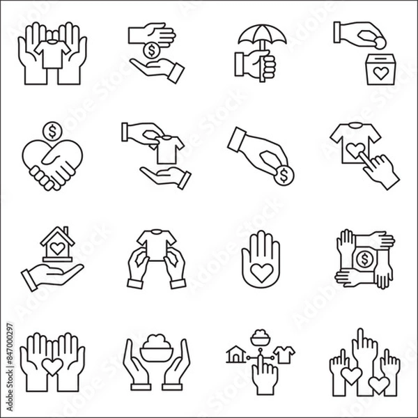 Fototapeta Donation and charity icon set. Clothe, home and food donation icons set. Fund donate sign. Volunteer symbol. Vector stock icons collection in thin line style design.