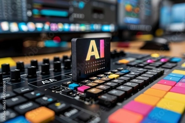 Obraz Futuristic AI interface in a high tech control room representing advanced technology and innovation 3D rendering blue tones modern design data visualization cyber theme high detail