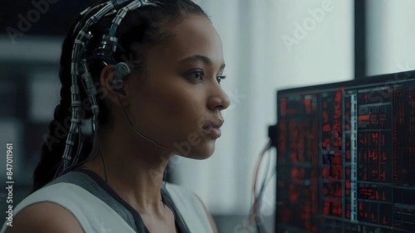 Fototapeta Young woman working with artificial intelligence

