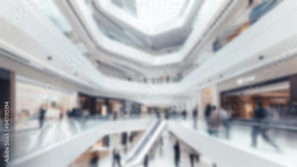 Fototapeta Modern shopping mall with multiple floors and escalators. Blurred motion of people walking and shopping