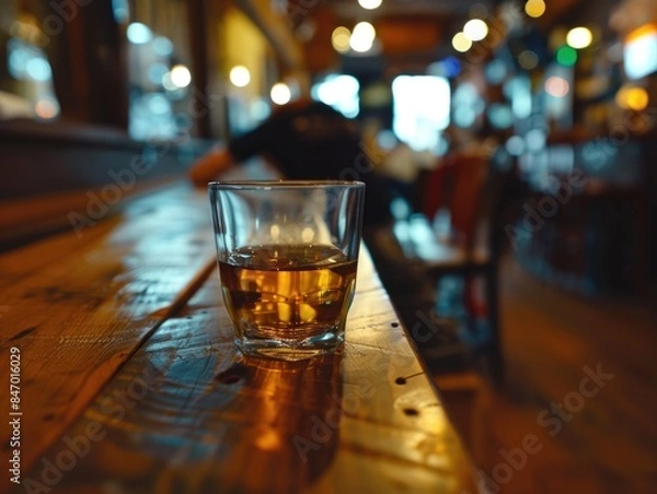 Fototapeta A glass of whiskey sits on top of a wooden table