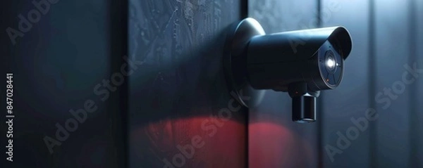 Fototapeta Security futuristic smart camera mounted on wall of company building, banner. Generative Ai.