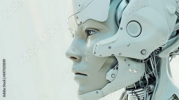 Fototapeta A close-up of a white robotic head, featuring intricate details and a human-like face. The robot looks towards the right side of the frame.