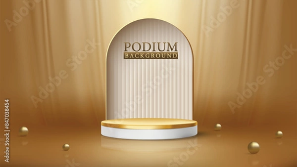 Obraz elegant gold podium background with a sophisticated design, including a 3D platform and vertical lines.presentations, this background exudes luxury and refinement.