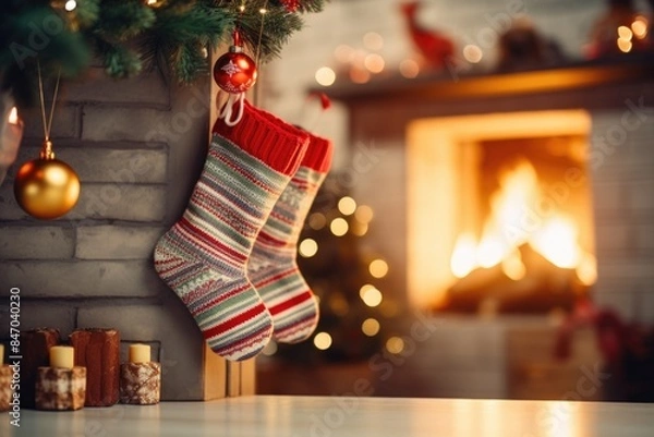 Fototapeta A Christmas stocking hangs from a fireplace next to a decorated Christmas tree
