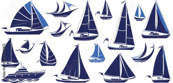 Fototapeta A collection of blue sailboats are shown in various sizes and shapes