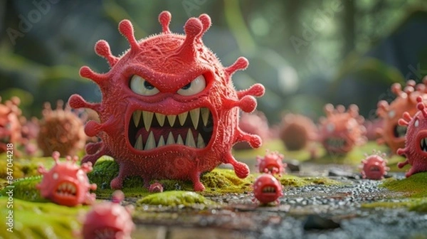 Fototapeta Disturbing cartoon microbes infest grimy carpet, creating a menacing and unsettling infection