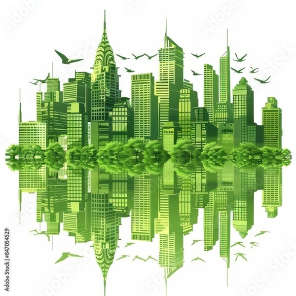 Fototapeta Green cityscape with towering skyscrapers and lush trees reflected in water, symbolizing urban nature and sustainability.