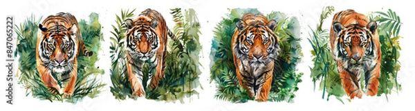 Fototapeta Set of four watercolor tigers in lush greenery, symbolizing wildlife conservation and the vibrant beauty of summer and autumn seasons, isolated on white background