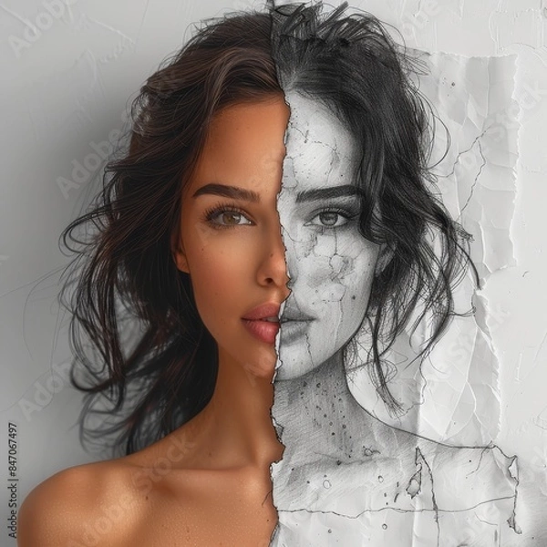 Fototapeta A woman's face is split into two halves, with one half being drawn in black