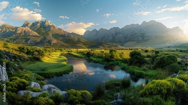 Fototapeta A panoramic view of a lush green valley.
