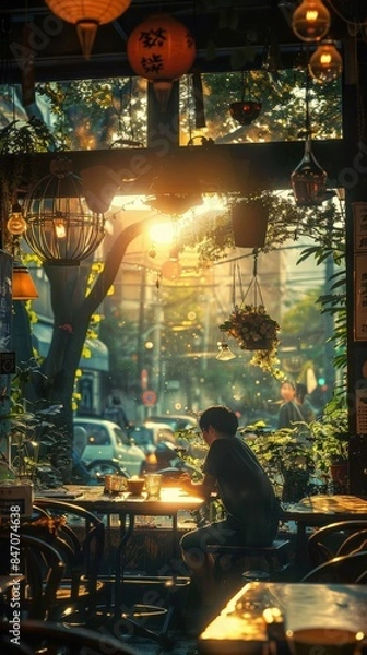 Fototapeta A contemplative person sits alone in a cozy cafe bathed in warm, golden sunlight, surrounded by hanging plants and evening street scenes.